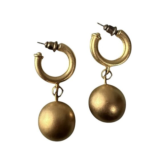 Gold Tone Drop Hoop Earrings with Dangling Balls, Vintage 1980s, - Picture 3 of 5